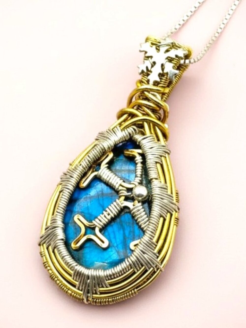 Handmade Wire Wrapped Snowflake Pendant in Silver, Gold Filled and Brass Wire
